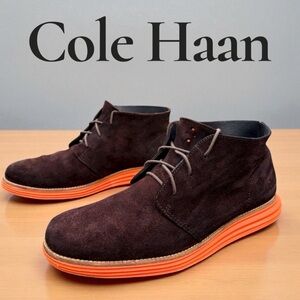 Cole Haan Men's Dark Brown Chukka Boots with Bright Orange Sole